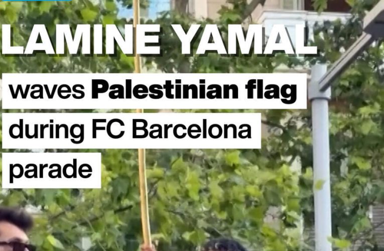 Barca striker Yamal waves Palestinian flag during La Liga celebrations